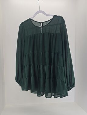 Women's Dark Green Tiered Long-Sleeve Tunic Top